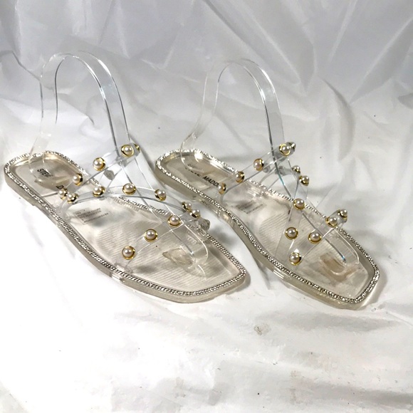 Steve Madden Woman’s Studded Pearl EmbellishedSlip On Vegan Clear Flat Sandals - Picture 1 of 10